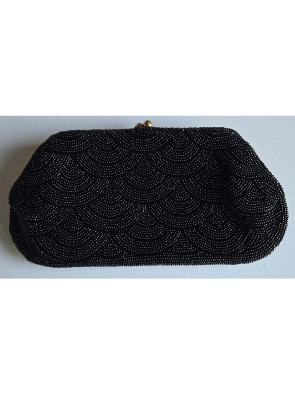 Sharonee Black Beaded ~ 9 inch Clutch Purse with Rhinestone Kiss Clasp